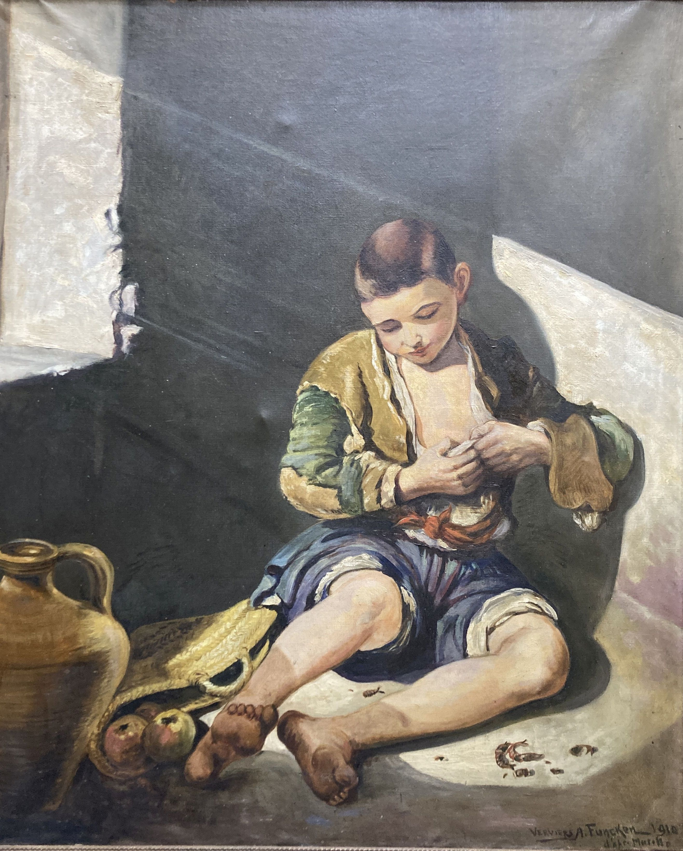 A. Funcken after Merillo, oil on canvas, Boy with apples and pitcher, signed and dated 1910, 104 x 86cm